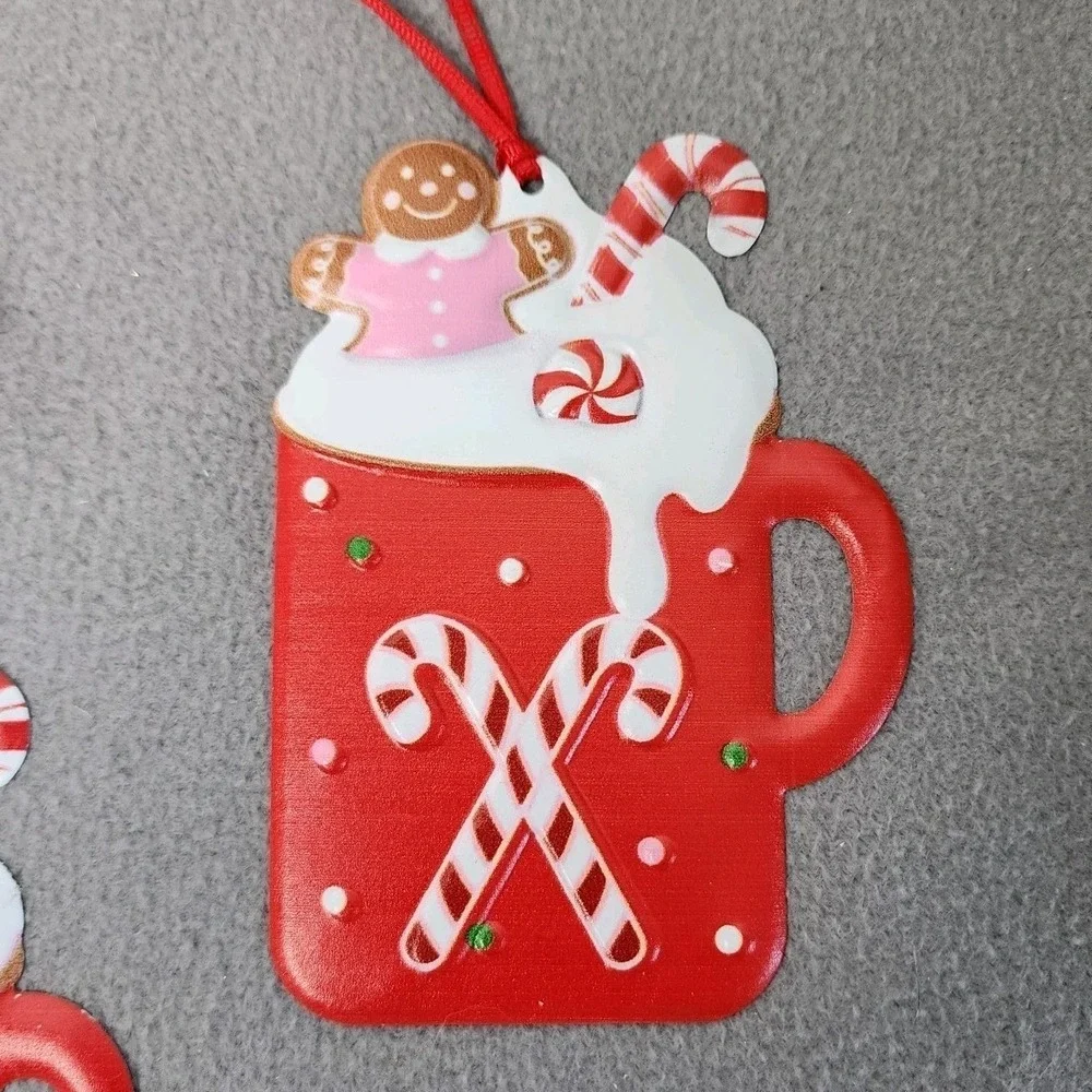 Christmas Cocoa Gingerbread Cookie Mug Ornaments Candy Canes Metal Red 3 Pc 5
